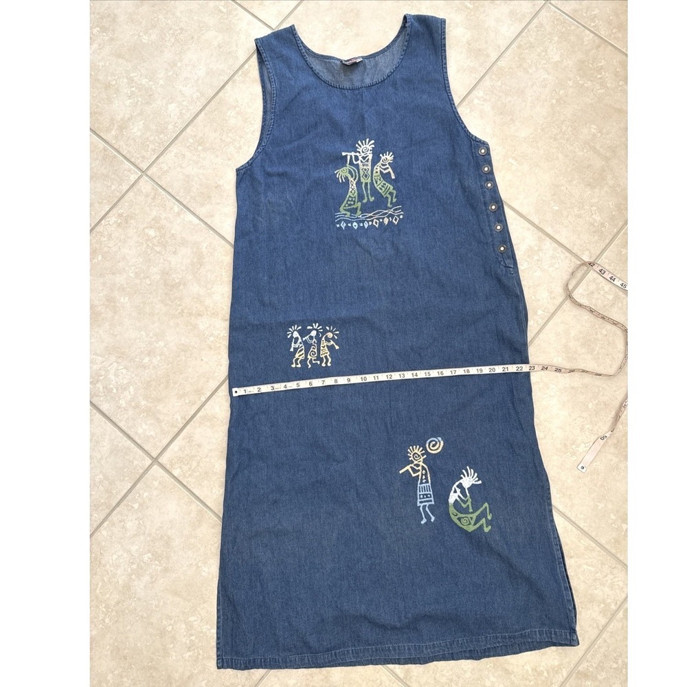 Vintage Fads Denim Maxi Dress Kokopelli Flute Player Blue Cotton Large RN 84789 - Picture 10 of 10
